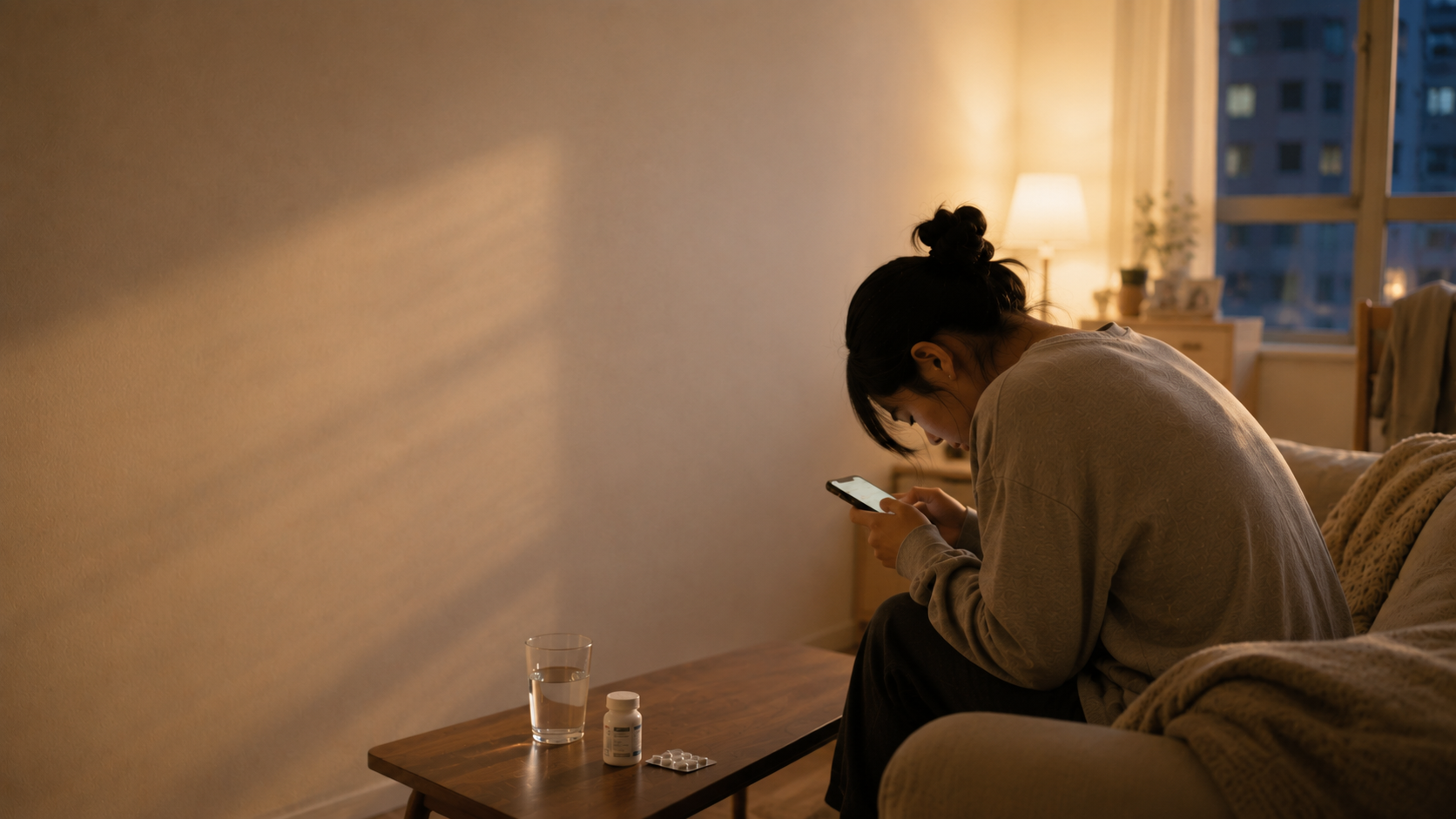 고개를 숙인 자세로 앉아 있는 사람 — 쾌척88한의원