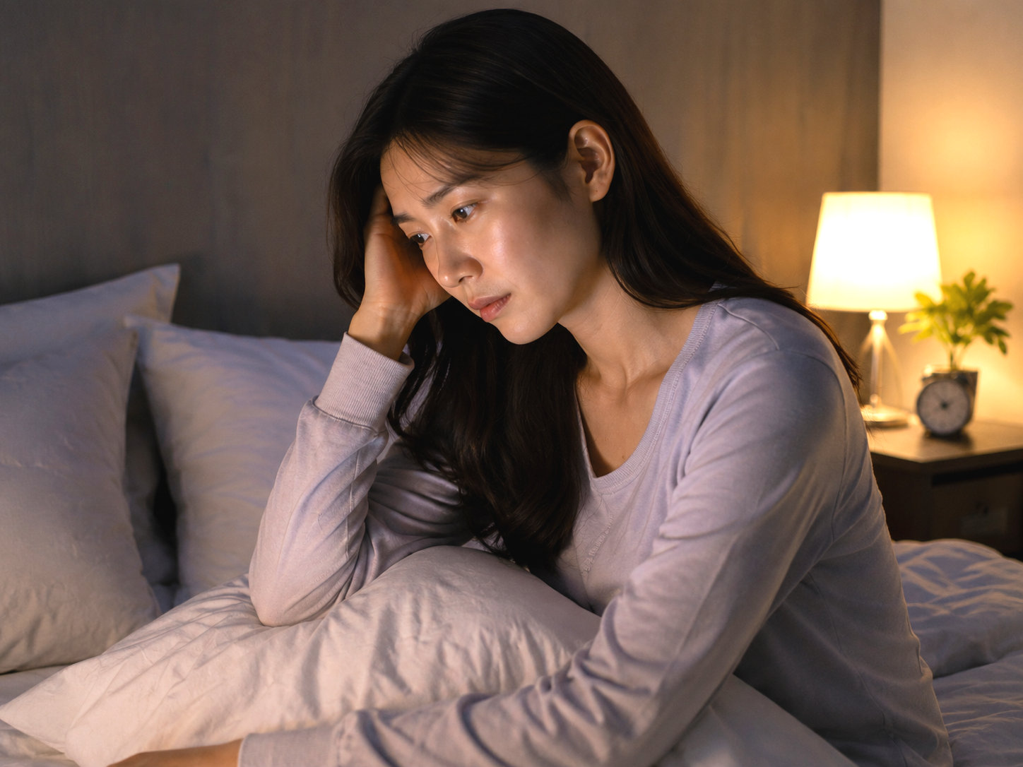 밤에 잠들지 못하고 앉아 있는 사람 — 불면 클리닉